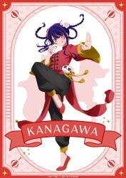 1girl :q absurdres black_pants blush braid chinese_clothes double_bun food hair_between_eyes hair_bun hair_ornament highres hirayama_kanna holding holding_food hoshino_ai leg_up long_hair long_sleeves multicolored_hair multiple_braids official_art oshi_no_ko pants pink_hair purple_eyes purple_hair red_shirt red_shoes shirt shoes simple_background smile solo star-shaped_pupils star_(symbol) steamed_bun symbol-shaped_pupils tongue tongue_out white_background