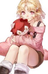 1girl ankle_boots blonde_hair blurry_edges boots character_doll corrupted_twitter_file diabolik_lovers doll hair_ornament hairclip hello_kitty_(character) highres holding holding_stuffed_toy iuew jacket komori_yui light_smile looking_at_viewer off-shoulder_jacket off_shoulder pink_jacket red_eyes sakamaki_ayato short_hair short_shorts shorts simple_background sitting sleeves_past_wrists solo stuffed_toy wavy_hair white_background