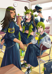 1boy 3girls armband black_hair blowing_bubbles chain chalkboard chewing_gum classroom cosplay delinquent desk double_bun dreadlocks drinking ermes_costello foo_fighters_(jojo) gakuran green_eyes green_hair hair_bun hat highres holding holding_unworn_clothes holding_unworn_hat jojo_no_kimyou_na_bouken kujo_jotaro_(cosplay) kuujou_jolyne kuujou_joutarou lemonade lipstick lipstick_mark long_coat long_skirt makeup multicolored_hair multiple_girls narciso_anasui pink_hair school_desk school_uniform serafuku shoes short_hair sitting skirt sneakers stone_ocean sukeban two-tone_hair ultracat unworn_hat unworn_headwear