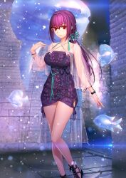 1girl animal aqua_bikini aqua_scrunchie arm_at_side bikini black_sandals bracelet breasts cable_knit closed_mouth collarbone criss-cross_halter dress expressionless fate/grand_order fate_(series) fish floating_hair foot_out_of_frame game_cg hair_between_eyes hair_intakes hair_ornament hair_scrunchie halterneck hand_up jewelry koyama_hirokazu large_breasts legs long_hair long_sleeves looking_at_viewer low_ponytail official_art ponytail purple_hair purple_sash purple_sweater red_eyes sandals sash scathach_(fate) scathach_skadi_(fate) scathach_skadi_(swimsuit_ruler)_(fate) scathach_skadi_(swimsuit_ruler)_(second_ascension)_(fate) scrunchie sidelocks sleeveless sleeveless_sweater solo sparkle standing strapless strapless_dress sweater sweater_dress swimsuit swimsuit_cover-up swimsuit_under_clothes third-party_source underbust variant_set watch wide_sleeves wristwatch