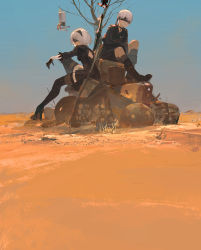 1boy 1girl 2b_(nier:automata) 9s_(nier:automata) absurdres back_cutout black_boots black_coat black_dress black_hairband black_shorts blindfold boots breasts buttons ciloranko closed_mouth clothing_cutout coat commentary covered_eyes crossed_bangs desert double-breasted dress facing_to_the_side floating from_side grass hairband high_heel_boots high_heels highres juliet_sleeves junk knee_boots knee_up long_sleeves medium_breasts medium_hair nier:automata nier_(series) outdoors parted_bangs puffy_sleeves robot short_hair shorts sitting sword thigh_boots thighhighs thighhighs_under_boots tree turning_head weapon weapon_request white_hair