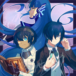 3boys absurdres aqua_ribbon atlus black_gloves black_jacket blue_eyes blue_hair bodysuit book brick_st buttons color_connection commentary_request company_connection gekkoukan_high_school_uniform gloves hair_color_connection hair_over_one_eye heterochromia highres holding holding_book jacket long_hair male_focus metaphor:_refantazio multiple_boys neck_ribbon one_eye_covered open_clothes open_jacket persona persona_3 profile protagonist_(metaphor:_refantazio) protagonist_(smtv) ribbon school_uniform shin_megami_tensei shin_megami_tensei_v shirt short_hair signature trait_connection very_long_hair white_jacket white_shirt yellow_eyes yuuki_makoto_(persona_3)