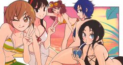 5girls :d :p absurdres amagi_yukiko bikini bikini_shorts black_bikini black_eyes black_hair blue_eyes blue_one-piece_swimsuit bow bow_bikini breasts brown_eyes brown_hair cleavage commentary cross-laced_bikini cross-laced_clothes cup cupping_glass drinking_straw hair_between_eyes highres holding holding_cup jeff_miga kujikawa_rise large_breasts looking_at_viewer marie_(persona_4) multiple_girls one-piece_swimsuit one_eye_closed open_mouth outline persona persona_4 persona_4_the_golden satonaka_chie shirogane_naoto short_hair shorts smile striped_bikini striped_clothes sunset swimsuit tongue tongue_out twintails v white_bikini yellow_bikini