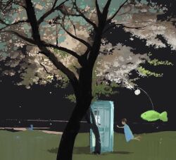 1girl aqua_dress black_background dress floating grass leaf original painting_(medium) phone_booth scenery short_dress slow_d solo sundress toy traditional_media tree