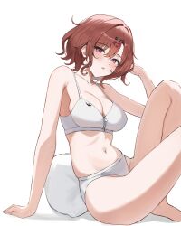 1girl absurdres armpit_crease bare_shoulders barefoot bra breasts brown_hair cleavage cone_(arca_live) hair_ornament hairclip hand_up highres higuchi_madoka idolmaster idolmaster_shiny_colors knees_up looking_at_viewer medium_breasts navel panties parted_lips pillow pink_eyes short_hair simple_background sitting solo stomach thighs underwear underwear_only white_background white_bra white_panties zipper