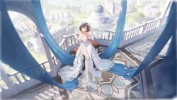 1girl absurdres architecture artist_request azur_lane balcony baltimore_(azur_lane) baltimore_(when_the_breeze_blows)_(azur_lane) bare_shoulders bird blush bob_cut breasts bridal_gauntlets bridal_veil bride bridge brown_hair building chair cityscape cleavage collarbone day detached_sleeves dress elbow_gloves falling_petals flower frills from_above garter_straps gloves hair_between_eyes hair_flower hair_ornament hand_up high_heels highres jewelry lace_trim large_breasts long_dress long_sleeves looking_at_viewer looking_up necklace non-web_source official_alternate_costume official_art outdoors pantyhose parted_lips petals ring scenery see-through_clothes see-through_dress shoes short_hair side_slit single_bridal_gauntlet sitting solo strapless strapless_dress table thighhighs thighhighs_under_pantyhose thighs town veil wedding_dress white_dress white_flower white_garter_straps white_gloves white_pantyhose white_thighhighs wide_shot wind yellow_eyes