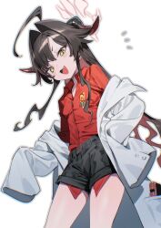1girl ahoge black_hair black_horns black_shorts blue_archive bukurote coat fang flat_chest hair_intakes halo highres horns kasumi_(blue_archive) long_hair looking_at_viewer open_mouth red_shirt shirt shirt_tucked_in shorts sleeves_past_fingers sleeves_past_wrists smile solo white_coat yellow_eyes