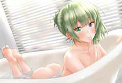 absurdres ass barefoot bath bathtub window_blinds blue_eyes blush ca_paria collarbone completely_nude faux_traditional_media feet feet_up finger_to_mouth green_eyes green_hair hair_bun heterochromia highres idolmaster idolmaster_cinderella_girls light_smile looking_at_viewer lying mole mole_under_eye nude on_stomach partially_submerged short_hair single_hair_bun soles takagaki_kaede toes window