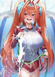 1girl adversarial_noise ahoge animal_ears antenna_hair breasts buruma commentary_request cowboy_shot daiwa_scarlet_(umamusume) ear_ornament fang hair_between_eyes hair_intakes highres holding holding_hose horse_ears horse_girl horse_tail hose jacket large_breasts long_hair motsushi open_clothes open_jacket open_mouth poolside red_buruma red_eyes red_hair red_jacket shirt skin_fang smile solo tail tiara twintails umamusume very_long_hair water watermark wet wet_clothes wet_shirt