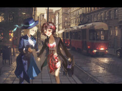 Rule 34 | 2girls, :d, ascot, black coat, black hair, black hat, black pants, black vest, blue bow, boater hat, bow, building, coat, collared shirt, dress, feather dress, feather hair ornament, feathers, feet out of frame, grey eyes, grey hair, hair bun, hair ornament, hairband, hat, hat bow, highres, holding hands, looking at another, meizijie, multiple girls, open clothes, open coat, open mouth, outdoors, pants, postbox (outgoing mail), profile, rain, red dress, red eyes, reverse:1999, road, schneider (reverse:1999), shirt, short dress, short hair, side-by-side, single side bun, smile, street, streetcar, suitcase, tile floor, tiles, vertin (reverse:1999), vest, waistcoat, walking, white ascot, white hairband, white shirt
