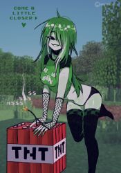 1girl black_eyes black_panties black_thighhighs breasts cleavage colored_skin creeper elbow_gloves english_text explosive fishnet_gloves fishnets gloves green_hair green_shirt green_skin hair_over_one_eye highres lips long_hair medium_breasts megrocks midriff minecraft navel panties shirt smile solo t-shirt thighhighs tnt tnt_block_(minecraft) underwear