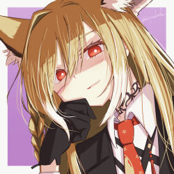1girl absurdres animal_ears arknights black_gloves blonde_hair border braid bright_pupils collared_shirt commentary eyes_visible_through_hair facial_scar fang gloves grey_border hand_on_own_cheek hand_on_own_face head_rest highres long_hair looking_at_viewer multicolored_hair necktie orange_eyes orange_necktie outside_border parted_lips pink_background scar scar_on_cheek scar_on_face shirt skin_fang solo streaked_hair vulpisfoglia_(arknights) white_hair white_pupils white_shirt yudoufu_(bioyudoufu)