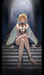 1girl absurdres bare_shoulders barefoot black_collar blonde_hair blue_eyes blue_hair breasts closed_mouth collar commentary crossed_legs crown_of_thorns earrings english_commentary feet fleurdelys_(wuthering_waves) floating_earrings highres huinjebi jewelry large_breasts long_hair looking_at_viewer necklace pillarboxed pointy_ears sidelocks sitting smile solo tabard tacet_mark_(wuthering_waves) thighs toes very_long_hair white_tabard wuthering_waves