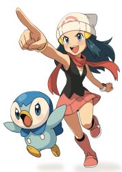1girl :d beanie black_hair black_shirt black_socks blue_eyes boots bracelet dawn_(pokemon) eyelashes gen_4_pokemon hair_ornament hairclip hat highres jewelry kneehighs knees long_hair nakikot_t nintendo open_mouth perspective pink_boots pink_skirt piplup pointing pokemon pokemon_(creature) pokemon_dppt poketch red_scarf scarf shirt sidelocks skirt sleeveless sleeveless_shirt smile socks teeth tongue upper_teeth_only v-shaped_eyebrows watch wristwatch