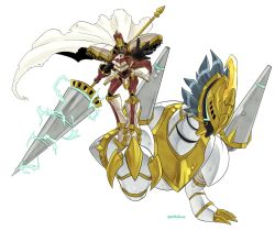 Rule 34 | artcetona, brown armor, cape, commission, digimon, digimon (creature), electricity, full body, knight, oridigi, original, polearm, shoulder cannon, simple background, spear, weapon, white background, white cape