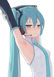 1girl armpits arms_up black_sleeves blue_nails blue_necktie detached_sleeves expressionless funakinuta hatsune_miku headset highres long_hair looking_at_viewer necktie shirt sleeveless sleeveless_shirt solo very_long_hair vocaloid white_shirt