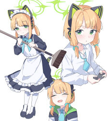 Rule 34 | 1girl, absurdres, animal ear headphones, animal ears, apron, aqua bow, aqua bowtie, aqua necktie, black boots, black dress, blonde hair, blue archive, blush, boots, bow, bowtie, broom, cat ear headphones, cat ears, cat tail, closed eyes, closed mouth, collarbone, collared dress, collared shirt, commentary, contrast collar, controller, cropped torso, dot nose, dress, dress shirt, fake animal ears, fake tail, frilled apron, frilled dress, frills, full body, game controller, green eyes, green halo, green jacket, halo, headphones, highres, holding, holding broom, holding controller, holding game controller, hood, hooded jacket, isuka (isuka 83), jacket, long sleeves, looking at viewer, looking to the side, maid, maid apron, maid headdress, midori (blue archive), midori (maid) (blue archive), multicolored jacket, multiple views, necktie, official alternate costume, open clothes, open jacket, open mouth, pantyhose, parted bangs, parted lips, puffy long sleeves, puffy sleeves, school uniform, shirt, short hair, short necktie, sidelocks, simple background, smile, standing, tail, twintails, upper body, white apron, white background, white headdress, white jacket, white mouth, white pantyhose, white shirt
