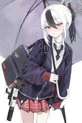 1girl absurdres black_bag black_hair black_jacket black_necktie black_wings blue_archive blush collared_shirt commentary_request ear_piercing grey_vest gun h&amp;k_p30 hair_between_eyes handgun highres holding holding_umbrella jacket jewelry kayoko_(blue_archive) long_sleeves looking_at_viewer miniskirt multicolored_hair necklace necktie parted_lips piercing plaid_clothes plaid_skirt pleated_skirt ponytail red_skirt reflection school_uniform shirt simple_background single_hair_streak single_wing skirt sleeves_past_wrists solo standing suppressor two-tone_hair umbrella vest weapon weeyi_33929439 white_background white_hair white_shirt wings