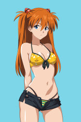 1girl :&lt; arms_behind_back bare_shoulders bikini bikini_under_clothes blue_background blue_eyes breasts highres jaaaan legs_apart long_hair medium_breasts micro_bikini micro_shorts navel neon_genesis_evangelion open_clothes open_shorts orange_hair shiny_skin short_shorts shorts simple_background solo souryuu_asuka_langley standing stomach striped_bikini striped_clothes swimsuit thighs thong thong_bikini two_side_up yellow_bikini