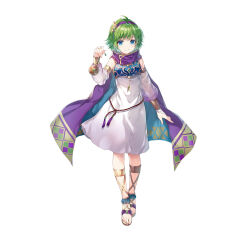 1girl cape compass fire_emblem fire_emblem:_the_blazing_blade fire_emblem_heroes gold_trim green_hair hairband nino_(fire_emblem) nintendo official_alternate_costume purple_cape purple_eyes sandals short_hair solo