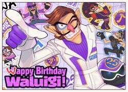 1boy armor bad_tag big_nose black_pants blue_eyeliner blue_pants blue_vest bodysuit brown_hair cape cleft_chin collared_cape domino_mask eyeliner facial_hair goggles goggles_on_headwear grey_shirt happy_birthday hat helmet highres long_sleeves m516 makeup mario_(series) mario_kart mario_kart_world mask multiple_persona mustache nintendo official_alternate_costume pants pointy_nose purple-tinted_eyewear purple_cape purple_undershirt racing_suit shirt short_hair short_sleeves shoulder_armor sombrero spiked_belt sunglasses suspenders sweater_guard tinted_eyewear torn_vest vampire_costume vest waluigi waluigi_(vampire) white_bodysuit