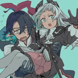 1boy 1girl ahoge arknights arm_up black_gloves black_jacket blue_background blue_eyes carrying carrying_person colored_inner_hair earrings floating_hair gloves grey_eyes grey_hair head_wings irene_(arknights) jacket jewelry long_hair lumen_(arknights) multicolored_hair open_mouth pink_skirt pointy_ears sijo_nm simple_background skirt sword weapon wings