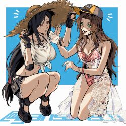 Rule 34 | 2girls, aerith gainsborough, aerith gainsborough (sunny robe), baseball cap, bikini, bikini under clothes, breasts, crop top, denim, denim skirt, elbow pads, final fantasy, final fantasy vii, final fantasy vii ever crisis, frayed skirt, front-tie top, hat, headwear switch, highres, kneeling, long hair, low-tied long hair, multiple girls, pink bikini, roku (gansuns), see-through clothes, see-through shirt, shirt, single elbow pad, skirt, squatting, straw hat, swimsuit, tifa lockhart, tifa lockhart (lifeguard), two-tone headwear, wet, wet clothes, wet shirt, whistle, whistle around neck