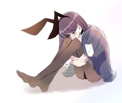 Rule 34 | 1girl, alternate costume, animal ears, black choker, black leotard, black pantyhose, blush, choker, closed mouth, commentary request, earrings, fake animal ears, fishnet pantyhose, fishnets, glasses, grey jacket, highres, jacket, jacket on shoulders, jewelry, leotard, long hair, no shoes, oyadomi, pantyhose, playboy bunny, purple hair, rabbit tail, red eyes, shadow, shizuhara hiruko, simple background, sitting, solo, tail, the hundred line -last defense academy-, white background, wrist cuffs