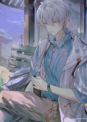 1boy absurdres alternate_costume blue_shirt bracelet brown_pants cellphone closed_mouth commentary_request earphones hair_between_eyes highres holding holding_phone honseie jacket jewelry looking_at_viewer male_focus mole mole_under_mouth outdoors pants phone punishing:_gray_raven purple_sky shirt sitting sky smartphone solo wanshi_(pgr) white_jacket yellow_eyes