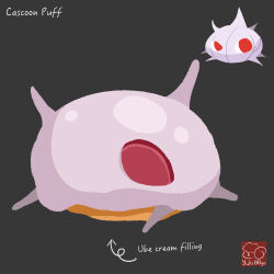 arrow_(symbol) artist_logo artist_name cascoon character-themed_food character_name cream_puff food food_focus food_name gen_3_pokemon grey_background highres icing logo nintendo no_humans pokemon pokemon_(creature) simple_background yuki00yo