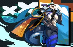 1boy abs ass bara black_sclera black_shirt black_tank_top capt._locke_(xxl) clothes_lift coat coat_on_shoulders colored_sclera commentary cross_scar dorsal_fin dottodottodott0 english_commentary fangs fins fish_tail from_side furry furry_male gloves hand_on_own_hip hat highres male_focus muscular muscular_male nipples no_pants open_mouth pectorals profile sailor_hat scar scar_on_arm shark_boy shark_fin shark_tail sharp_teeth shirt shirt_lift sleeveless sleeveless_shirt tail tank_top teeth tongue tongue_out white_gloves xxl_woofia yellow_eyes