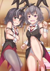 2girls animal_ears black_hair black_hairband black_skirt breasts cleavage commentary_request commission fake_animal_ears fake_tail furrowed_brow glaring grey_eyes grey_hair grey_pantyhose hair_between_eyes hairband highres indoors leotard looking_at_viewer medium_hair multiple_girls musumi_kiyoka open_mouth panties pantyhose pantyshot parted_bangs playboy_bunny purple_eyes rabbit_ears rabbit_tail red_cornea_blue shichinosato_kofuki short_hair skeb_commission skirt small_breasts standing tail toji_no_miko underwear v-shaped_eyebrows wavy_mouth white_panties wrist_cuffs