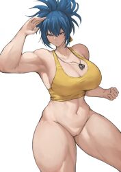 1girl batako_(batakoart) blue_eyes blue_hair breasts curvy earrings fat_mons female_focus huge_breasts jewelry large_breasts leona_heidern long_hair muscular muscular_female no_pants pale_skin ponytail pussy shirt standing tank_top the_king_of_fighters thick_thighs thighs toned toned_female wide_hips