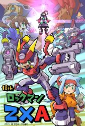 Rule 34 | 3girls, 5boys, aile (mega man zx), anniversary, armor, artist name, ashe (mega man), banknote, black bodysuit, blue hair, blue jacket, bodysuit, brown hair, copyright name, cropped jacket, dark-skinned male, dark skin, dual wielding, facial mark, forehead jewel, green hair, grey (mega man), gun, hat ornament, helmet, high ponytail, highres, holding, holding gun, holding weapon, jacket, long hair, master albert (mega man), master mikhail (mega man), master thomas (mega man), mega man (series), mega man zx, mega man zx advent, model a (mega man), model w (mega man), money, multiple boys, multiple girls, ogino hitoshi (ogitchi), orange jacket, pandora (mega man), parted lips, ponytail, prometheus (mega man), purple armor, red eyes, skull hat ornament, smirk, weapon, white armor, white helmet