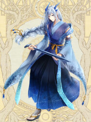 1boy bare_shoulders black_hakama blue_eyes blue_hakama blue_horns blue_kimono blue_shawl braid dairoku_ryouhei detached_sleeves dragon_horns full_body gradient_clothes gradient_hakama hair_between_eyes hair_ribbon hakama holding holding_sword holding_weapon horns japanese_clothes kimono long_hair long_sleeves looking_at_viewer male_focus mitsuba_pbw orange_sash ribbon sandals shawl sideways_glance single_braid sleeveless sleeveless_kimono smile solo standing sword toukai_toyohiko very_long_hair weapon wide_sleeves yellow_background zouri