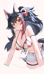 1girl absurdres animal_ears bare_shoulders bikini black_hair blush breasts cleavage commentary_request hair_ornament hairpin highres hololive large_breasts leaf_print long_hair looking_at_viewer maple_leaf_print menomeno_draw multicolored_hair navel nose_blush official_alternate_costume official_alternate_hairstyle ookami_mio ookami_mio_(hololive_summer_2019) orange_eyes ponytail red_hair shorts side-tie_bikini_bottom simple_background sketch solo stomach streaked_hair swimsuit tail virtual_youtuber white_background white_bikini white_shorts wolf_ears wolf_girl wolf_tail