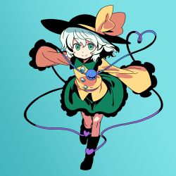 Rule 34 | 1girl, absurdres, aqua background, black boots, black hat, boots, bow, buttons, closed mouth, collared shirt, commentary request, diamond button, eyeball, frilled shirt collar, frilled skirt, frilled sleeves, frills, green eyes, green hair, green skirt, hat, hat bow, heart, heart of string, highres, komeiji koishi, long sleeves, looking at viewer, pioartstuff, shirt, simple background, skirt, sleeves past fingers, sleeves past wrists, smile, solo, split mouth, third eye, touhou, wide sleeves, yellow bow, yellow shirt