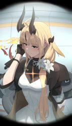 1girl absurdres afterimage ahoge arknights black_gloves black_horns black_jacket black_shirt blonde_hair cowboy_shot diffraction_spikes dragon_horns dragon_tail dress fire flame-tipped_tail flower gloves green_eyes hair_flower hair_ornament hand_in_own_hair highres horns jacket light_in_heart long_hair long_tail multiple_horns nekoze_nekoze open_clothes open_jacket reed_(arknights) reed_the_flame_shadow_(arknights) shirt solo tail tail_wagging white_dress white_flower