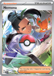 1girl artist_name aspara bag black_hair black_pantyhose blue_sky card_(medium) character_name closed_mouth cloud company_name copyright_name copyright_notice dark-skinned_female dark_skin day english_text eyelashes freckles grass green_hair leaf long_hair multicolored_hair nemona_(pokemon) nintendo official_art orange_eyes outdoors pantyhose pawmi poke_ball poke_ball_(basic) pokemon pokemon_(creature) pokemon_card pokemon_sv pokemon_tcg ponytail purple_shorts school_uniform shirt shorts sky smile third-party_source throwing throwing_poke_ball trading_card two-tone_hair uva_academy_school_uniform v-shaped_eyes white_shirt wind