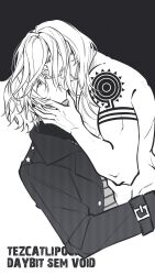 2boys arm_belt arm_tattoo belt belt_buckle buckle character_name closed_mouth commentary cropped_torso daybit_sem_void eye_contact fate/grand_order fate_(series) from_side grin hand_on_another&#039;s_face hashtag-only_commentary head_back highres jacket lapels long_hair looking_at_another male_focus multiple_boys nail_polish notched_lapels profile road_darklight shirt smile tattoo teeth tezcatlipoca_(fate) topless_male yaoi