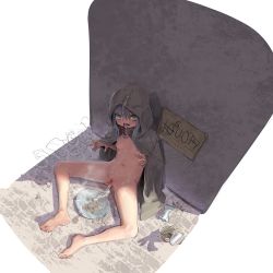 1girl :d after_vaginal aftersex bags_under_eyes barefoot bdsm blush breasts bukkake cape chopsticks cigarette cigarette_butt cigarette_pack cleft_of_venus cloak coin collar cum cum_in_mouth cum_in_pussy cum_on_body cum_on_clothes cum_on_hair cum_pool cumdrip cup_ramen drooling feet female_focus full_body functionally_nude green_eyes highres hood hood_up hooded_cape loli long_hair looking_at_viewer money naked_cape naked_cloak navel nipples on_ground open_mouth original poverty price price_tag prostitution purple_hair pussy shadow sign sitting slave small_breasts smile soles solo spread_legs teeth toes tongue tongue_out uncensored yamada_(gotyui)