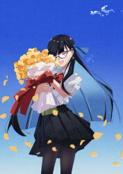 1girl absurdres black_hair black_pantyhose black_skirt blue_hair blue_ribbon blue_sky bouquet bow bowtie colored_inner_hair flower glasses hair_ribbon happy highres holding holding_bouquet long_hair multicolored_hair open_mouth pantyhose pleated_skirt punishing:_gray_raven purple_eyes puyuyan red_bow red_bowtie ribbon selena_(pgr) shirt short_sleeves skirt sky solo white_shirt