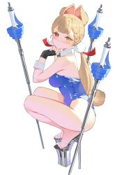 1girl absurdres alice_thymefield animal_ears backless_leotard black_gloves blonde_hair blue_leotard blush breasts closed_mouth detached_collar dot_mouth fingerless_gloves from_side full_body gloves grey_shoes heterochromia high_heels highres leotard looking_at_viewer low_twintails medium_breasts planted planted_sword planted_weapon rabbit_ears rapier red_eyes shoes solo squatting sword turning_head twintails weapon white_background wonbin_lee wrist_cuffs yellow_eyes zenless_zone_zero