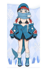 1girl adapted_costume argyle_background bare_legs beanie bikini black_bikini black_hair black_skirt blue_boots blue_eyes blue_scarf blunt_bangs boots breasts buttons commentary design_speculation drawstring english_commentary full_body gawr_gura hat highres hololive hololive_english jacket karassawa long_sleeves looking_at_viewer miniskirt multicolored_hair off_shoulder open_clothes open_jacket pleated_skirt puffy_long_sleeves puffy_sleeves scarf skirt sleeves_past_wrists small_breasts snowflake_background socks solo standing straight-on streaked_hair swimsuit two-tone_hair virtual_youtuber white_hair white_socks