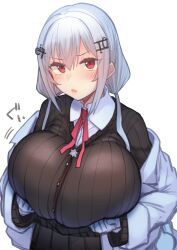 1girl absurdres black_cardigan black_skirt black_sweater blush breast_lift breasts breasts_squeezed_together cardigan cowboy_shot gloves grabbing_own_breast grey_hair hair_ornament hairclip hakase_fuyuki hakase_fuyuki_(1st_costume) hexagram highres huge_breasts jacket kagami_uekusa lab_coat large_breasts long_hair looking_at_viewer low_twintails meme neck_ribbon next_time_you&#039;re_getting_this_(meme) nijisanji number_hair_ornament off_shoulder open_mouth paizuri_gesture pi_(math) raised_inner_eyebrows red_eyes red_ribbon ribbon simulated_paizuri skirt sound_effects star_of_david sweater twintails virtual_youtuber white_background white_gloves white_jacket