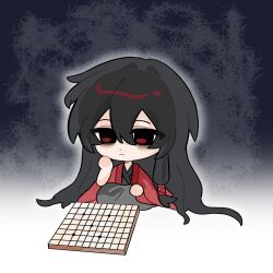 1boy absurdly_long_hair bags_under_eyes black_hair black_hanfu board_game chessboard chibi chibi_only chinese_clothes chinese_commentary closed_mouth coat dao_gui_yi_xian empty_eyes full_body go_(board_game) gradient_background hair_between_eyes hand_on_own_face hand_up hanfu highres ji_zai li_huowang long_hair low-tied_sidelocks male_focus official_alternate_hair_length official_alternate_hairstyle red_coat red_eyes sidelocks sitting solo very_long_hair xinjinjumin5126851