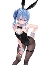 1girl alternate_costume animal_ear_hairband animal_ears bare_shoulders black_bow black_bowtie black_hairband black_leotard blue_eyes blue_hair bow bowtie breasts brown_pantyhose detached_collar fake_animal_ears fawny hair_between_eyes hair_ornament hairband highleg highres hololive hoshimachi_suisei leotard light_blush looking_at_viewer medium_hair pantyhose playboy_bunny rabbit_ear_hairband rabbit_ears shaded_face side_ponytail sidelocks small_breasts solo star_(symbol) star_hair_ornament strapless strapless_leotard thighs virtual_youtuber
