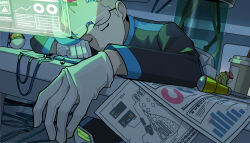 Rule 34 | 1boy, bent over, black jacket, blonde hair, cable, closed eyes, coat, colress (pokemon), commentary request, creatures (company), cup, disposable cup, eyewear lift, game freak, glasses, gloves, highres, himurohiromu, holographic interface, indoors, jacket, lanyard, long sleeves, male focus, nintendo, paper, poke ball, poke ball (basic), poke ball print, pokemon, pokemon bw2, screw, screwdriver, short hair, sleeping, stasis tank, tile floor, tiles, unworn coat, white gloves