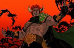 1boy abs bara bare_pectorals belt bowser bracelet cape championship_belt character_print cowboy_shot dark-skinned_male dark_skin demon_horns fingerless_gloves fingernails fuxkedup893 gloves highres horns humanization jewelry large_pectorals male_focus mario_(series) mature_male monster_boy muscular muscular_male nintendo nipples outstretched_arms pectorals red_background reptile_boy sharp_fingernails sharp_teeth solo spiked_bracelet spikes spread_arms standing teeth