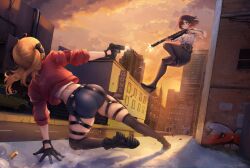 2girls absurdres black_gloves black_ribbon black_shoes black_shorts black_skirt black_thighhighs blonde_hair breast_pocket breasts brown_hair character_request cityscape cleavage closed_mouth cloud copyright_request firing glasses gloves graffiti gun hair_ribbon handgun high_heels highres holding holding_gun holding_weapon jacket median_furrow multiple_girls original pantyhose pocket red_jacket ribbon road sainty shell_casing shirt shoes short_hair shorts shotgun signature skindentation skirt sky street thighhighs thighs twintails weapon white_shirt